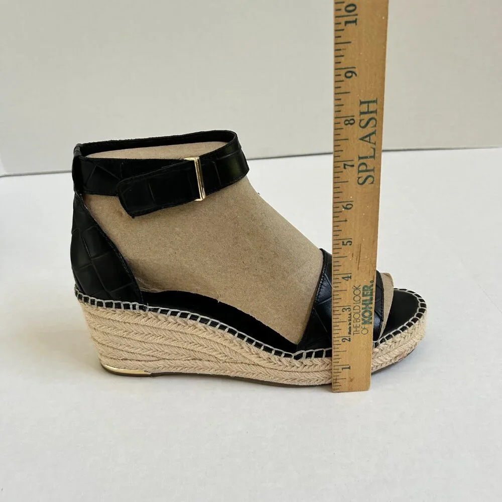 Size 11 Women's Black Leather Franco Sarto Clemens Wedge Espadrille Sandals - Picture 8 of 9